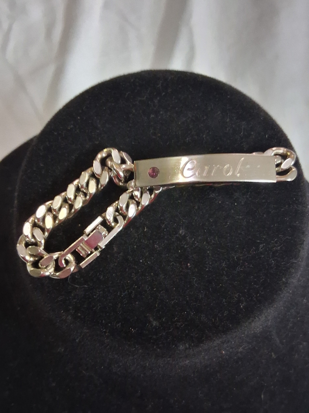 Engraved "Carol" Silver-Tone Name Plate Bracelet with Pink Stone